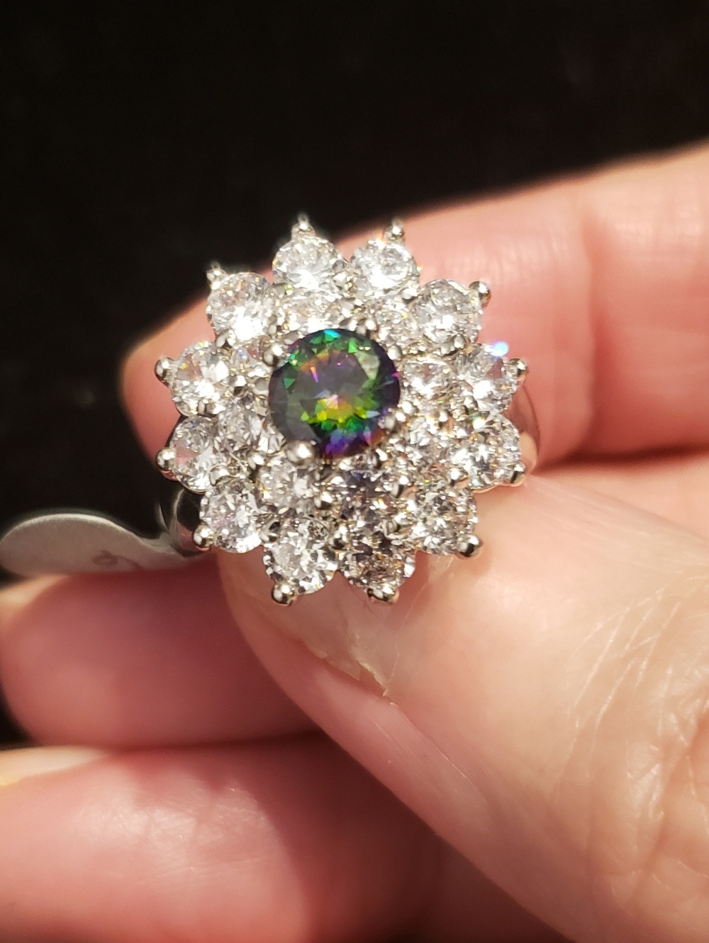 NEW Mystic Topaz Fashion Ring, S.P., Surrounded By White Gemstones, Sz 8.5